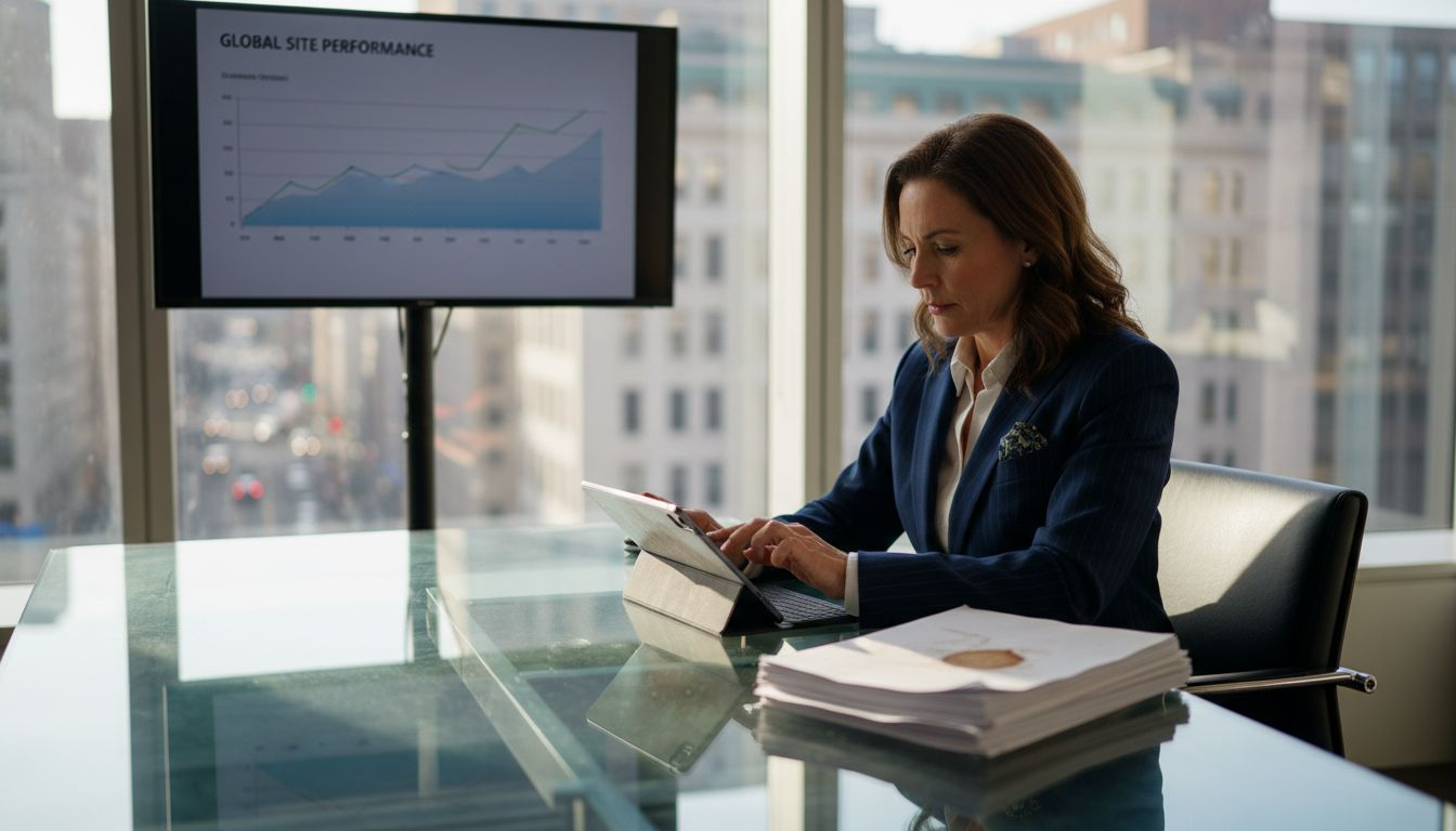 Executive reviewing digital strategy dashboard in office